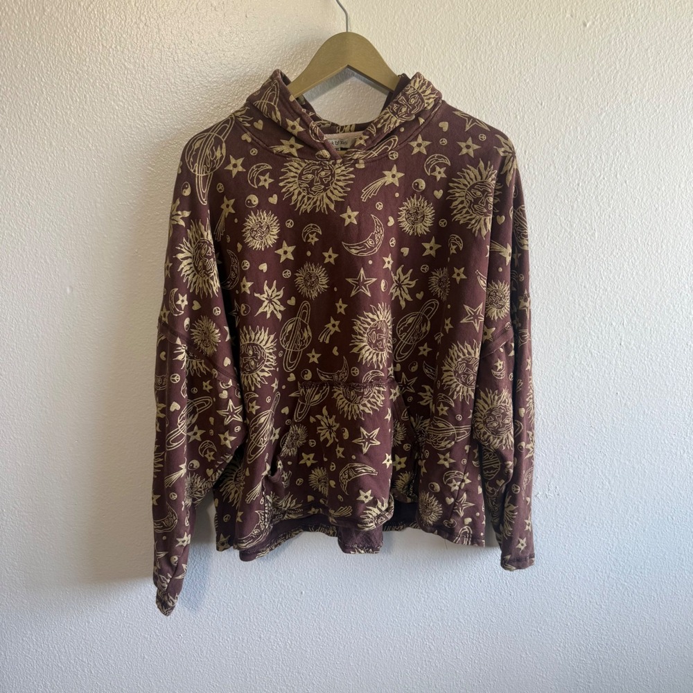 Yak & Yeti Size L/XL Brown Yellow Celestial Print Relaxed Pullover Hoodie